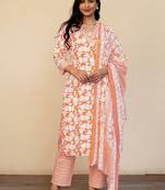 Women's Orange Cotton floral print kurta set with dupatta & trouser