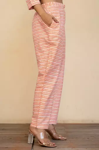 Women's Orange Cotton floral print kurta set with dupatta & trouser