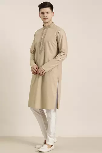 Beige cotton dori embroidered kurtas