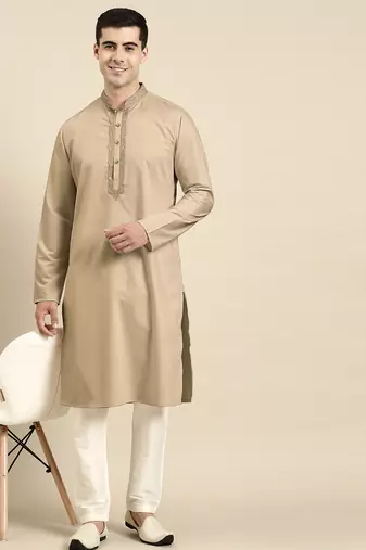 Beige cotton dori embroidered kurtas