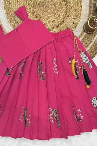 Kids Rani Pink New south Indian traditional pattu pavadai Jacquard Lehenga choli for girls dress