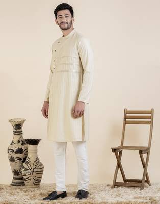 Beige self design side placket cotton kurtas 3