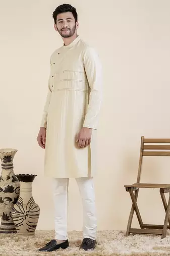 Beige self design side placket cotton kurtas