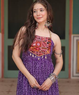 purple bandhani flared dress in faux georgette with kutchi patchwork   fully stitched 4