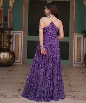 purple bandhani flared dress in faux georgette with kutchi patchwork   fully stitched 5