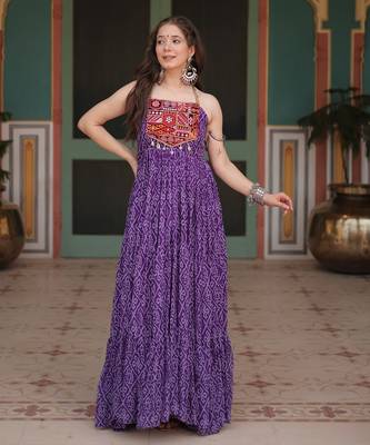 purple bandhani flared dress in faux georgette with kutchi patchwork   fully stitched 6