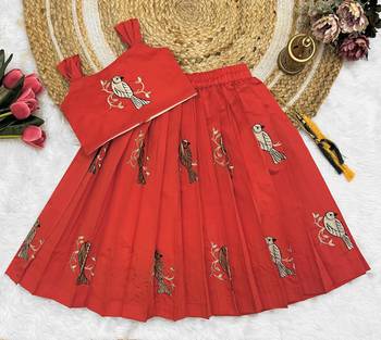 Kids Red Embroidery South Indian Traditional Pattu Pavadai Silk Blend Readymade Lehenga Choli Dress For Girls 1