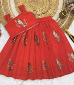 Kids Red Embroidery South Indian Traditional Pattu Pavadai Silk Blend Readymade Lehenga Choli Dress For Girls