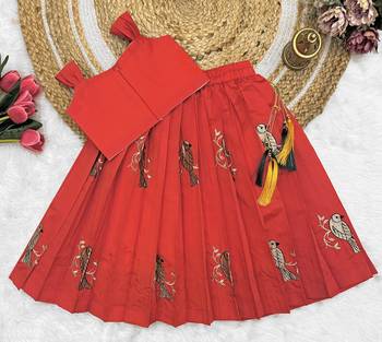 Kids Red Embroidery South Indian Traditional Pattu Pavadai Silk Blend Readymade Lehenga Choli Dress For Girls 2