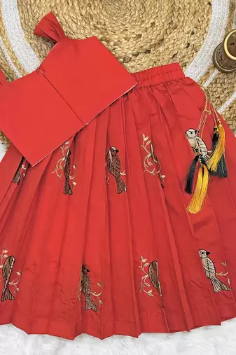 Kids Red Embroidery South Indian Traditional Pattu Pavadai Silk Blend Readymade Lehenga Choli Dress For Girls