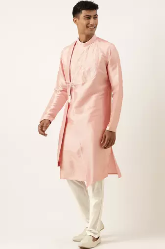 Peach silk embroidery angrakha kurtas