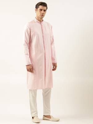 Pink cotton front open embroidered kurtas 4