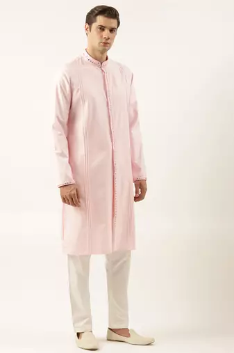 Pink cotton front open embroidered kurtas