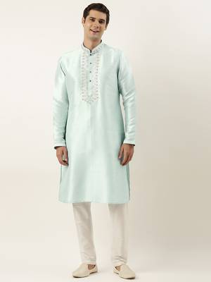 Aqua green silk embroidered kurtas 1