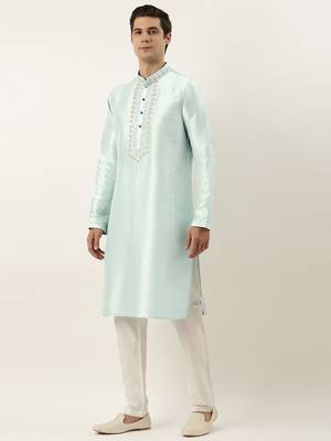Aqua green silk embroidered kurtas 3
