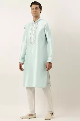 Aqua green silk embroidered kurtas