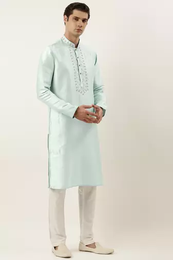Aqua green silk embroidered kurtas