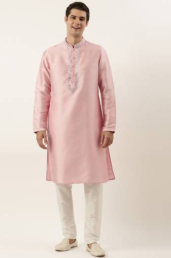 Pink silk mirror embroidered kurtas