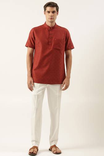 Rust cotton jacquard short kurta