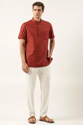 Rust cotton jacquard short kurta