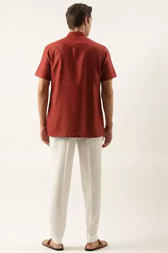 Rust cotton jacquard short kurta