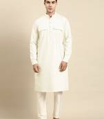 Cream pure cotton pathani kurtas with patch pocket