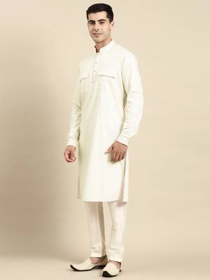 Cream pure cotton pathani kurtas with patch pocket 3