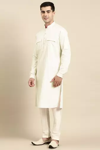 Cream pure cotton pathani kurtas with patch pocket