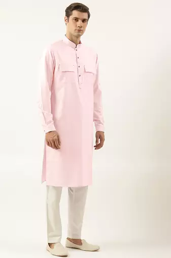 Grey pure cotton pathani kurtas with patch pocket