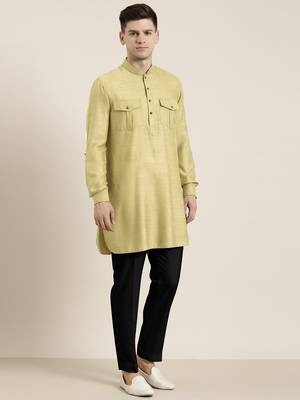 Greenish beige cotton short pathani 4