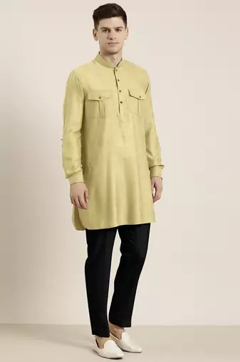 Greenish beige cotton short pathani