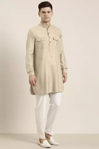 Beige cotton short pathani