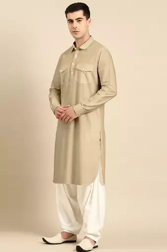 Beige fine cotton pathani with salwar