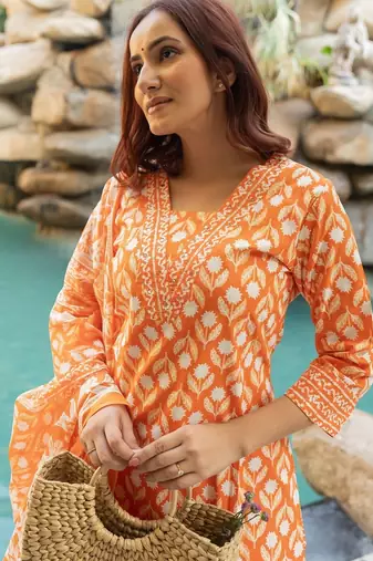 Women's Orange Grey cotton floral print kurta set with dupatta & trouser