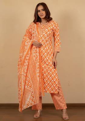 Women's Orange Grey cotton floral print kurta set with dupatta & trouser 1
