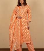 Women's Orange Grey cotton floral print kurta set with dupatta & trouser