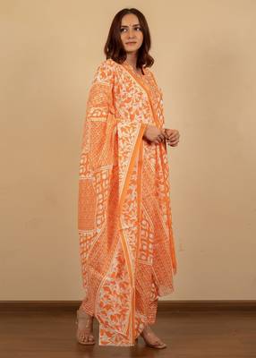 Women's Orange Grey cotton floral print kurta set with dupatta & trouser 3