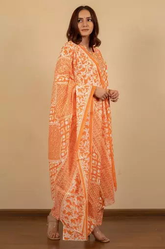Women's Orange Grey cotton floral print kurta set with dupatta & trouser