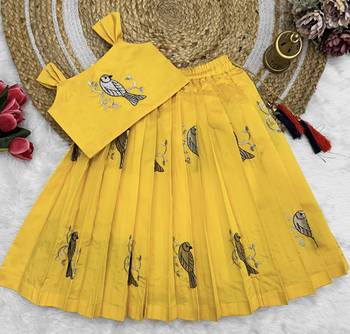 Kids Embroidery South Indian Traditional Yellow Pattu Pavadai Silk Blend Readymade Lehenga Choli Dress For Girls 1