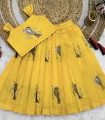 Kids Embroidery South Indian Traditional Yellow Pattu Pavadai Silk Blend Readymade Lehenga Choli Dress For Girls