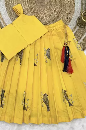 Kids Embroidery South Indian Traditional Yellow Pattu Pavadai Silk Blend Readymade Lehenga Choli Dress For Girls