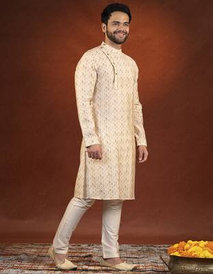 Cream printed side open kurtas 4