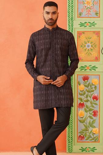 Front open charcoal black printed kurtas with embroidery highlights