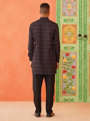 Front open charcoal black printed kurtas with embroidery highlights 2