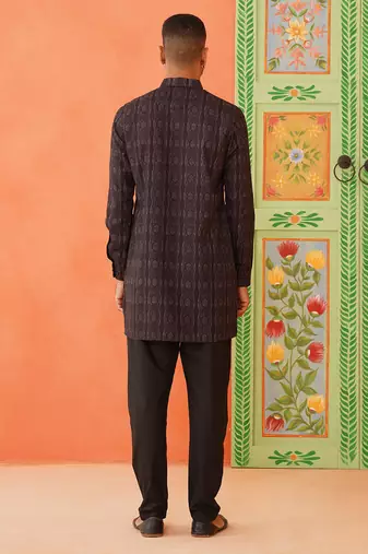 Front open charcoal black printed kurtas with embroidery highlights