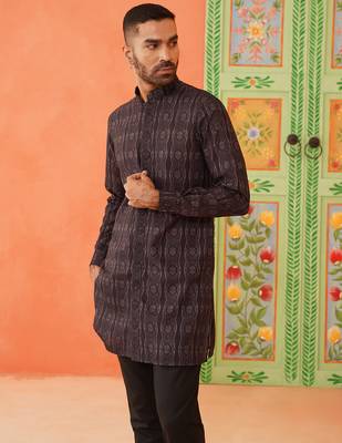 Front open charcoal black printed kurtas with embroidery highlights 3