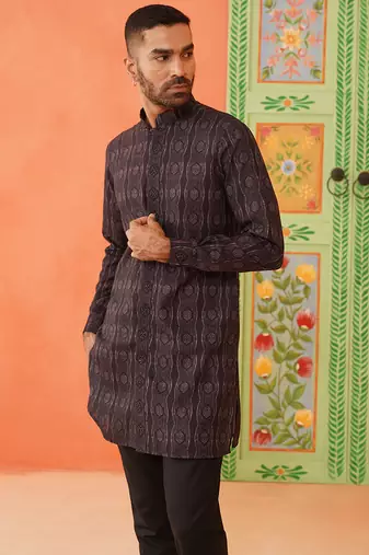 Front open charcoal black printed kurtas with embroidery highlights