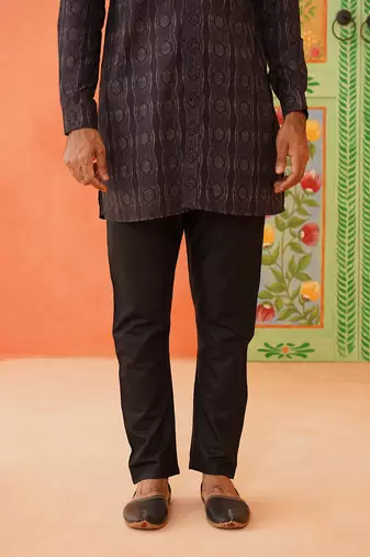 Front open charcoal black printed kurtas with embroidery highlights