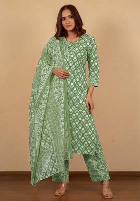 Women's Green Grey cotton floral print kurta set with dupatta & trouser 1