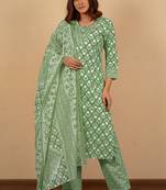 Women's Green Grey cotton floral print kurta set with dupatta & trouser